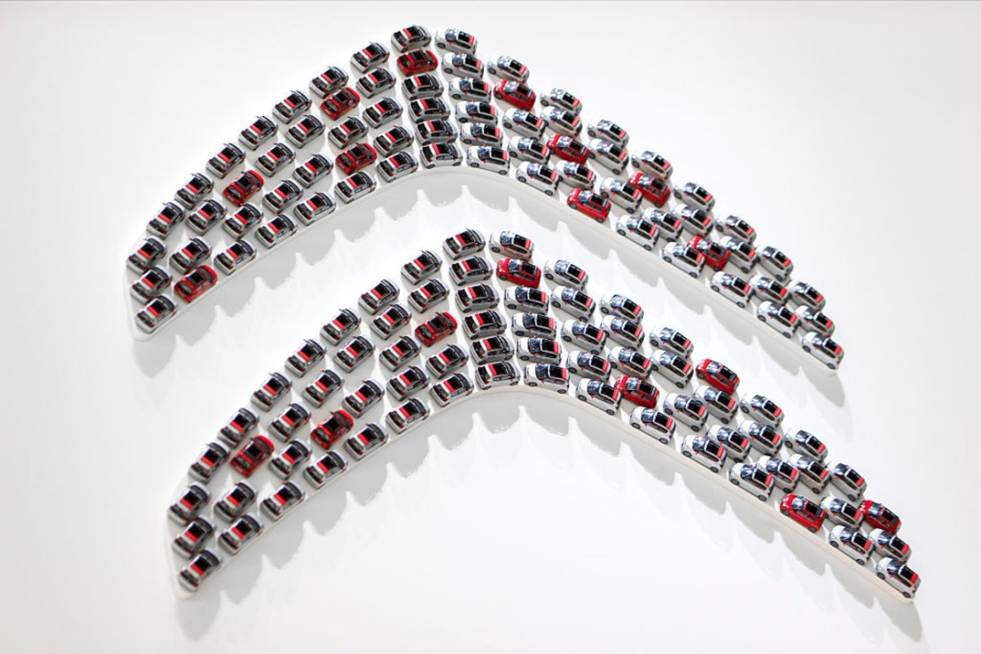 A Citroen logo made of small cars is displayed during the Geneva Motor Show 2016 on March 2, 2016 in Geneva, Switzerland. (Photo by Harold Cunningham/Getty Images)