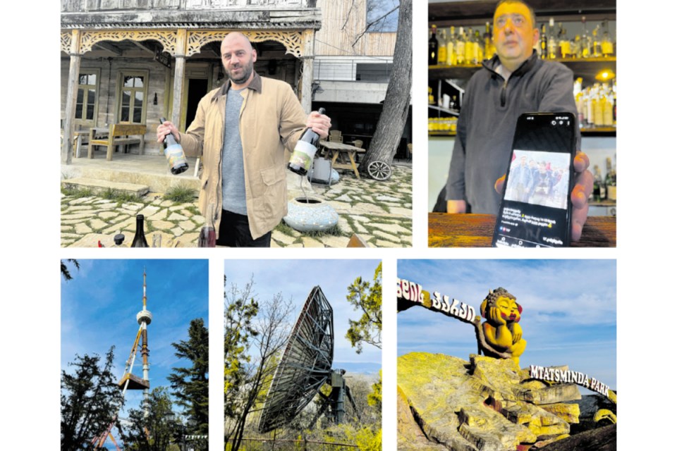 Left to right, from top: Tanini winery outside owner Revaz Vasadze with bottles of his skin-contact wine;  Tbilisi's Chacha Corner owner Vato Botsvadz with a picture of himself as a child at the 1989  protests, where 21 were killed by Soviet soldiers; Rusting comms equipment at Mtatsminda Park, Tbilisi