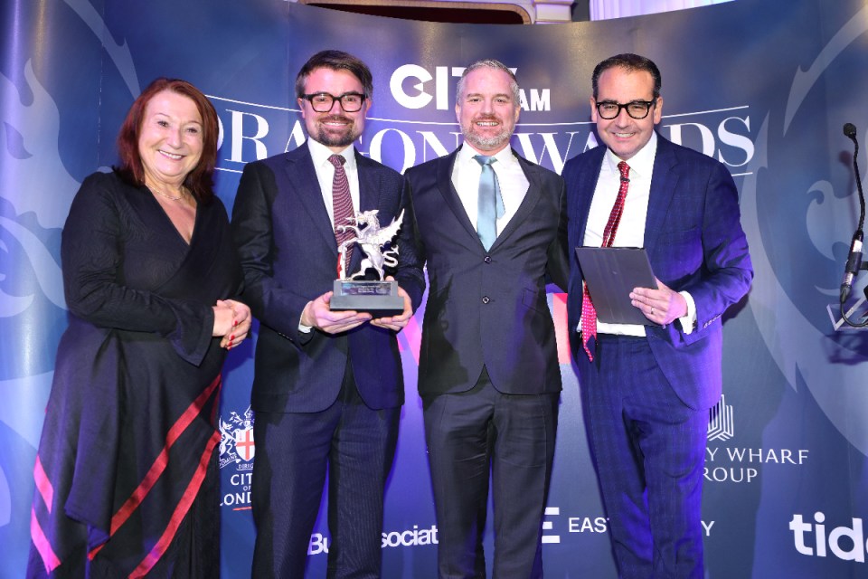 Yvonne Thomas, CEO of the Clink Charity and Alastair Haslewood of Clink Events alongside Andy Melia, Director of Heart of the City, and Oli Barrett. City AM Dragon Awards 2024 at Mansion House. (Credit: Gretel Ensignia) 