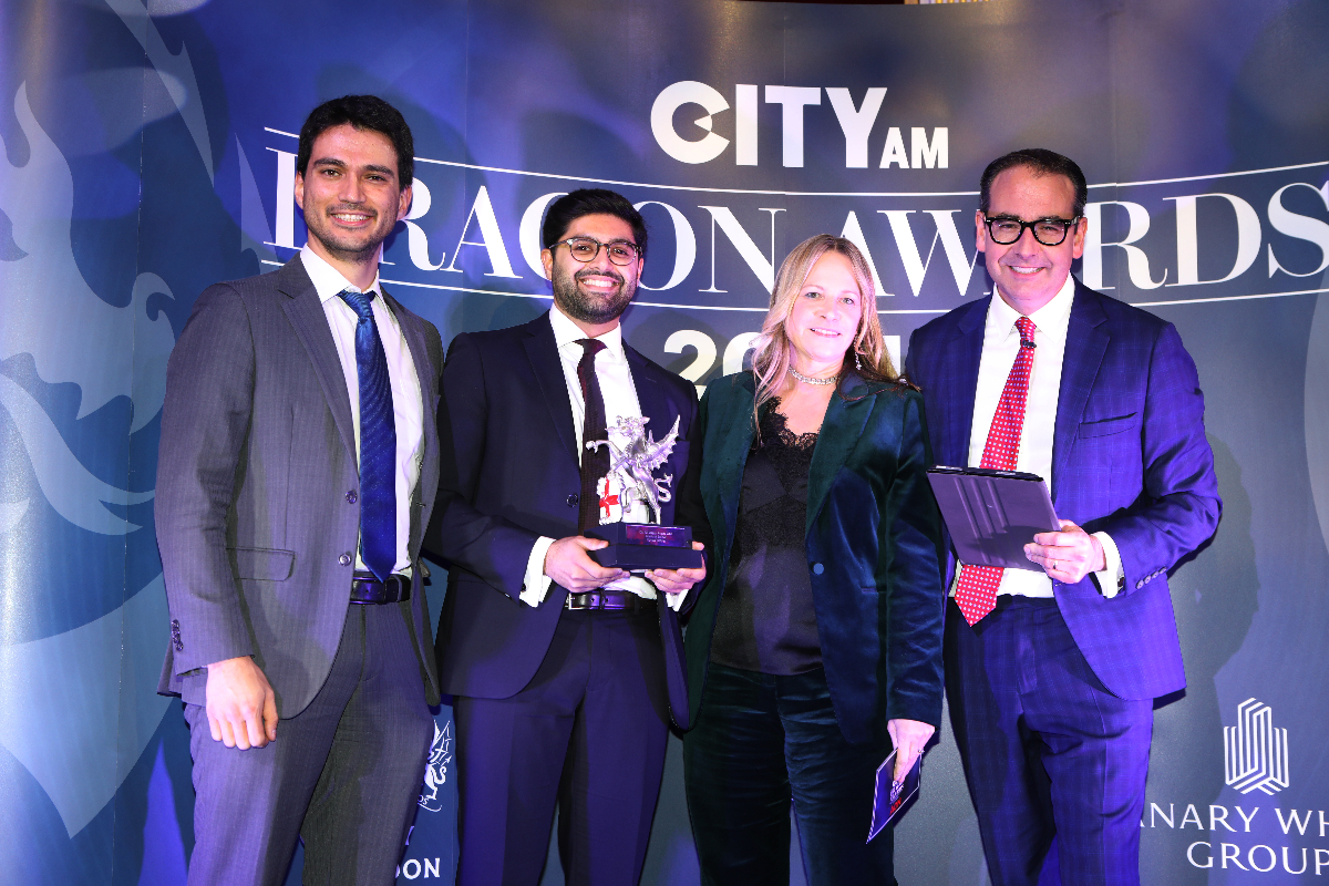 Octopus Ventures, presented with their award by Caroline Marshall-Roberts, founder and CEO of BuyAssociation, pictured with Oli Barrett. City AM Dragon Awards 2024 at Mansion House. (Credit: Gretel Ensignia)