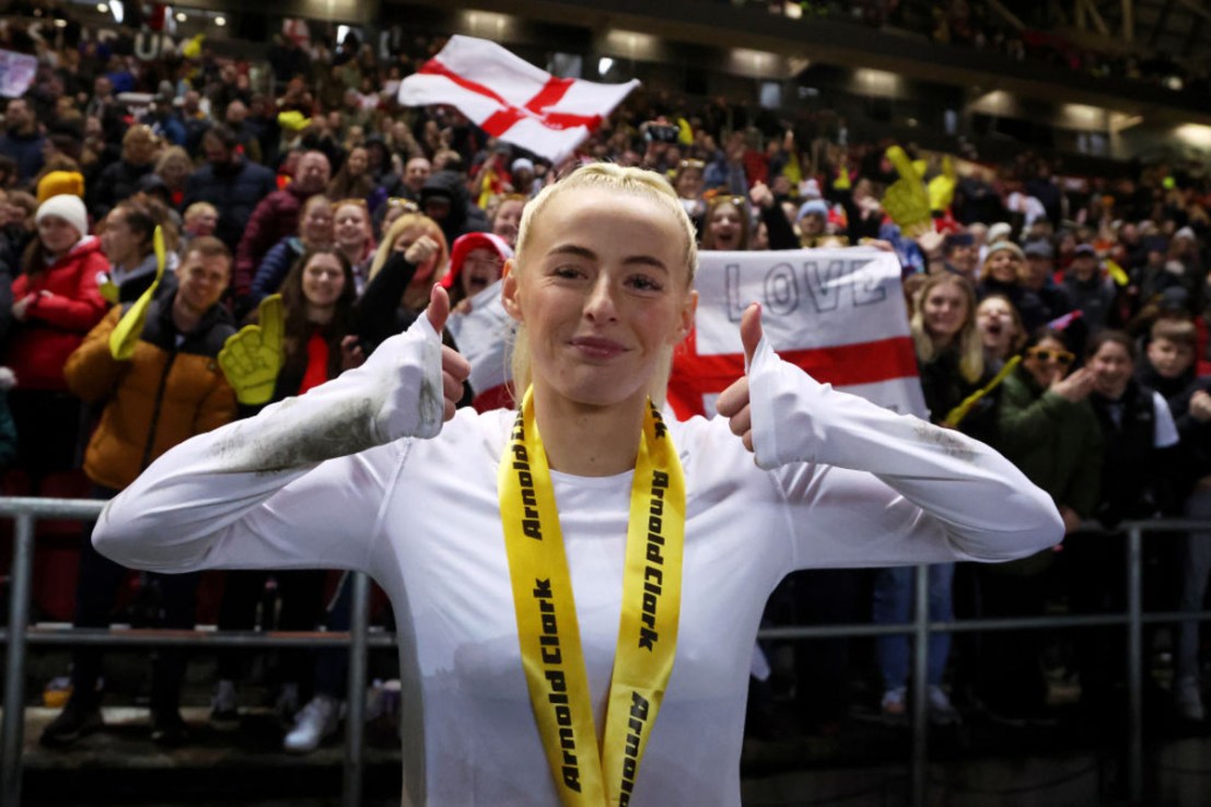 Chloe Kelly of England poses for a photo after the team's victory during the Arnold Clark Cup match between England and Belgium at Ashton Gate on February 22, 2023 in Bristol, England. (Photo by Warren Little/Getty Images)