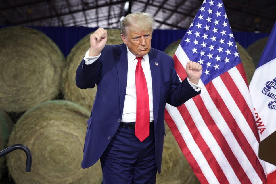 ADEL, IOWA - OCTOBER 16: Republican presidential candidate former President Donald Trump finishes a campaign event at the Dallas County Fairgrounds on October 16, 2023 in Adel, Iowa. Trump is also scheduled to speak at a rally in nearby Clive later in the afternoon. (Photo by Scott Olson/Getty Images)