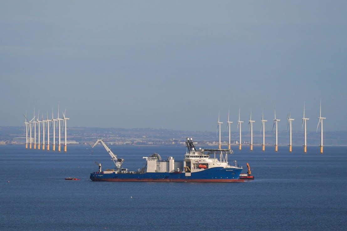 The NKT Victoria cable laying ship operates off the coast. (Photo by Ian Forsyth/Getty Images)