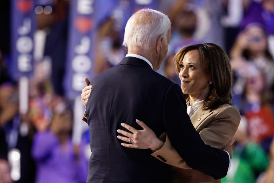 CHICAGO, ILLINOIS - AUGUST 19: U.S. Vice President Kamala Harris and U.S. President Joe Biden greet each other at the end of the first day of the Democratic National Convention at the United Center on August 19, 2024 in Chicago, Illinois. Delegates, politicians, and Democratic party supporters are in Chicago for the convention, concluding with current Vice President Kamala Harris accepting her party's presidential nomination. The DNC takes place from August 19-22. (Photo by Kevin Dietsch/Getty Images)