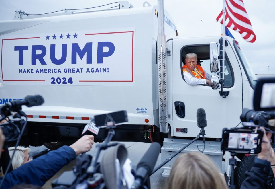 GREEN BAY, WISCONSIN - OCTOBER 30: (EDITOR'S NOTE: Alternate crop) Republican presidential nominee, former President Donald Trump holds a press conference from inside trash hauler at Green Bay Austin Straubel International Airport on October 30, 2024 in Green Bay, Wisconsin. With less than a week until Election Day, Trump is campaigning for re-election in the battleground states of North Carolina and Wisconsin. (Photo by Chip Somodevilla/Getty Images)