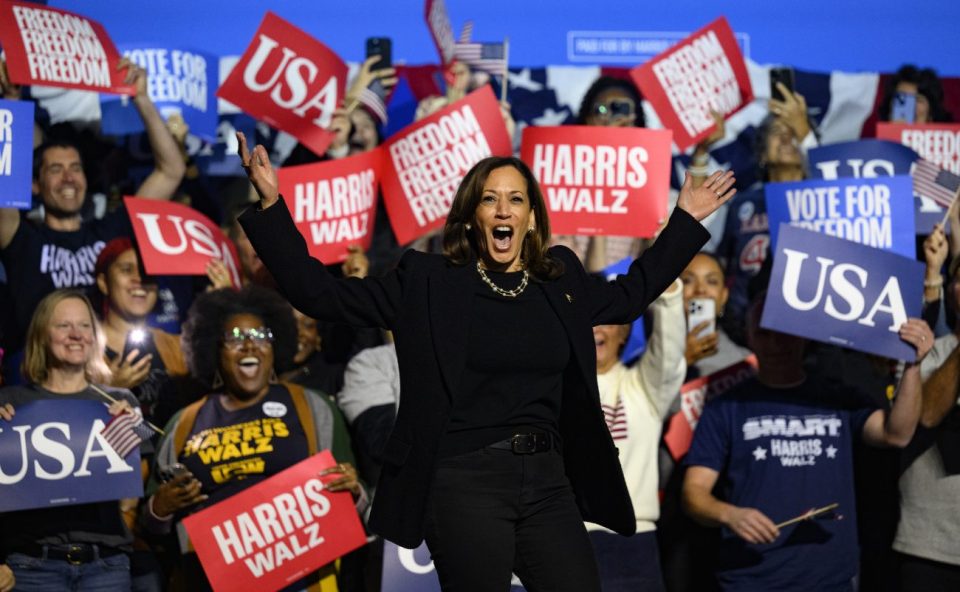 PITTSBURGH, PENNSYLVANIA - NOVEMBER 4: Democratic presidential nominee, U.S. Vice President Kamala Harris arrives for a campaign rally at the Carrie Furnace on November 04, 2024 in Pittsburgh, Pennsylvania. With one day to go until election day, Vice President Kamala Harris is campaigning across Pennsylvania. (Photo by Jeff Swensen/Getty Images)