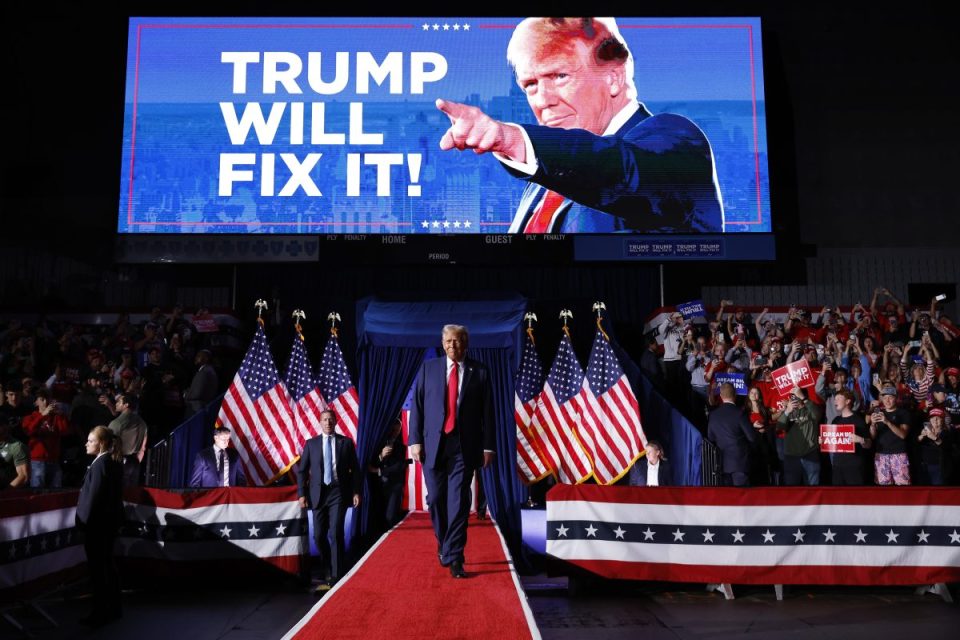 GRAND RAPIDS, MICHIGAN - NOVEMBER 05: Republican presidential nominee, former U.S. President Donald Trump, takes the stage for his last rally of the election year at Van Andel Arena on November 05, 2024 in Grand Rapids, Michigan. Trump campaigned for re-election in the battleground states of North Carolina and Pennsylvania before arriving for his last rally minutes after midnight in Michigan. (Photo by Chip Somodevilla/Getty Images)