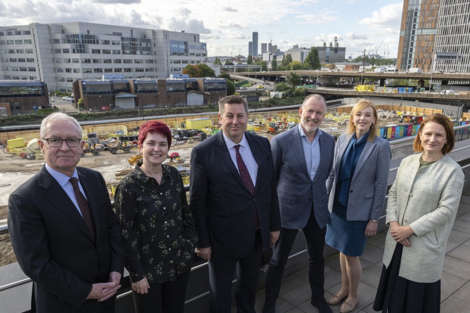 L-R: Prof Hugh Brady, president of Imperial College London, Mary Ryan, vice provost for research and enterprise at Imperial, Cllr Stephen Cowan, leader of the London Borough of Hammersmith & Fulham, Chris Oglesby, CEO of Bruntwood SciTech, Dr Kath Mackay, chief scientific officer of Bruntwood SciTech, Sarah Cary, White City development director for Imperial.