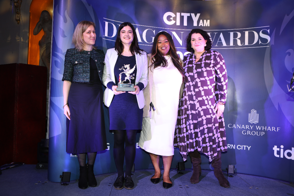 Natasha Stromberg (far left), alongside Anna Shattles and Twinelle Baidoo of Investor Action on Antimicrobial Resistance were presented by the award by Eastern City BID CEO Kate Hart (right). City AM Dragon Awards 2024 at Mansion House. (Credit: Gretel Ensignia) 