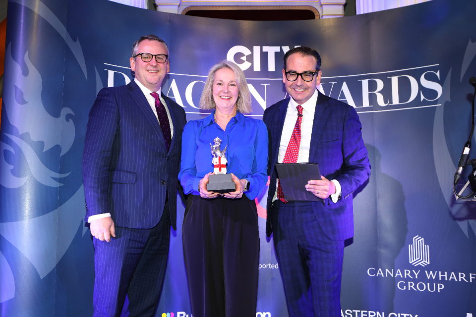 Dianne Crowe, Group Sustainability Director of Reconomy, alongisde Dragon Awards headline partner AON's Peter Rutherford and Oli Barrett. City AM Dragon Awards 2024 at Mansion House. (Credit: Gretel Ensignia)