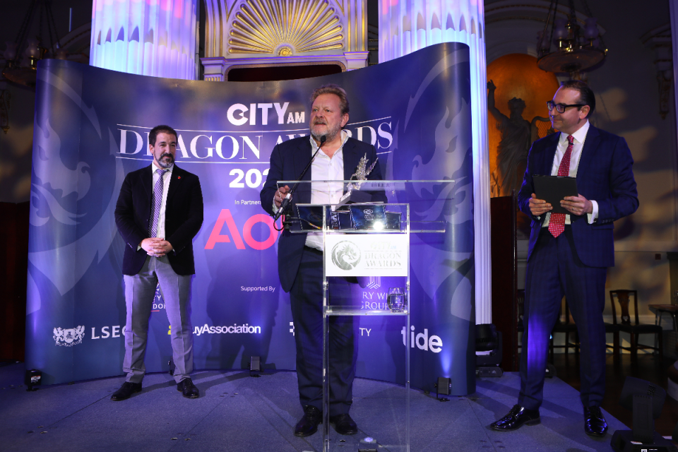 Lawson Muncaster of City AM accepted two awards on behalf of GoHenry and its founder Lousie Hill, who was unable to attend. Also pictured Tide's Simon Cuerton (left) and Oli Barrett. City AM Dragon Awards 2024 at Mansion House. (Credit: Gretel Ensignia)