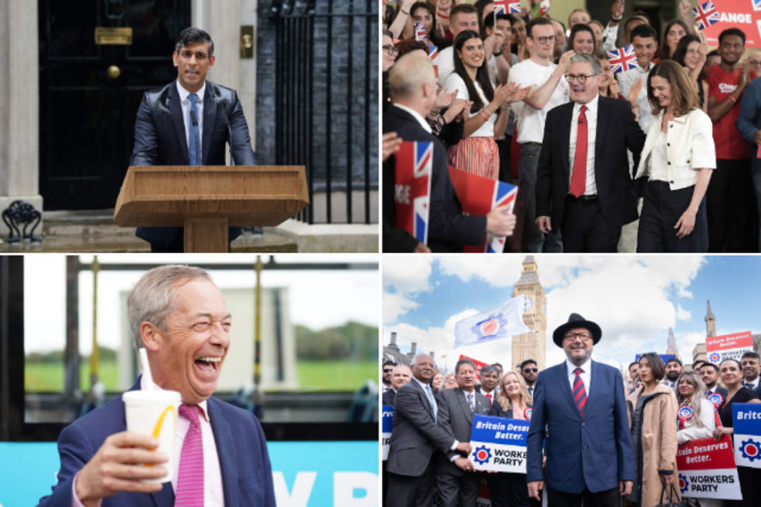 Clockwise from top left: Rishi Sunak; Keir Starmer and his wife Victoria; George Galloway; and Nigel Farage. Photos: PA