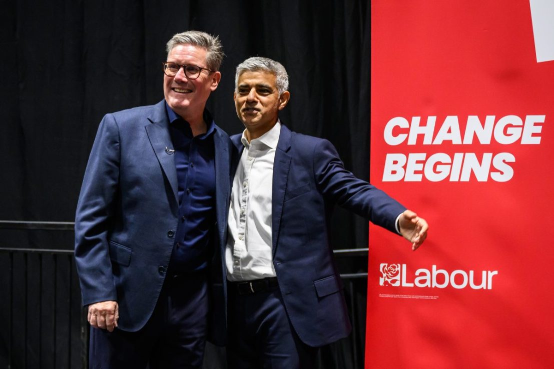 LIVERPOOL, ENGLAND - SEPTEMBER 21: Labour Party leader and Britain's Prime Minister Keir Starmer () stands with London Mayor Sadiq Khan at a reception for London Labour ahead of the Labour Party Conference 2024 at ACC Liverpool on September 21, 2024 in Liverpool, England. This is Labour's first conference since they were returned as the governing party of The UK and Northern Ireland by voters in the July election, ending 14 years of Conservative rule. They won with a landslide majority of 172 seats, and 412 in total. (Photo by Leon Neal/Getty Images)