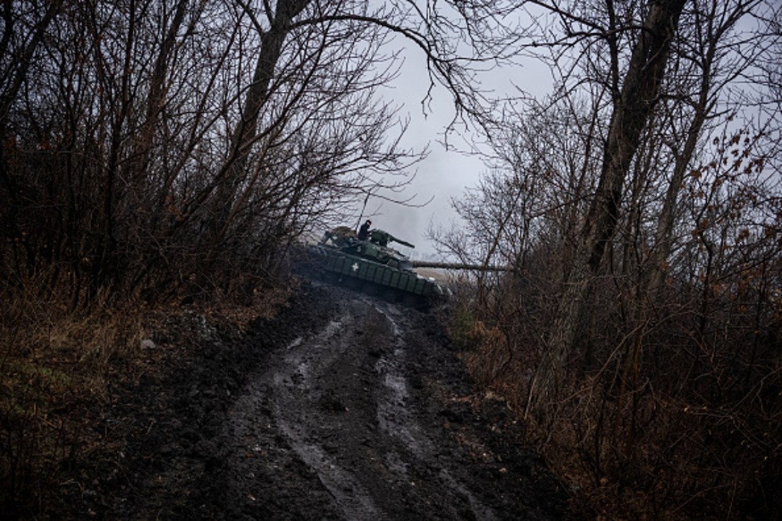 POKROVSK, UKRAINE - DECEMBER 23: Ukrainian servicemen from 93 brigade drive a battle tank to its position as the Russian-Ukrainian war continues in the direction of Pokrovsk, Ukraine on December 23, 2024. (Photo by Wolfgang Schwan/Anadolu via Getty Images)