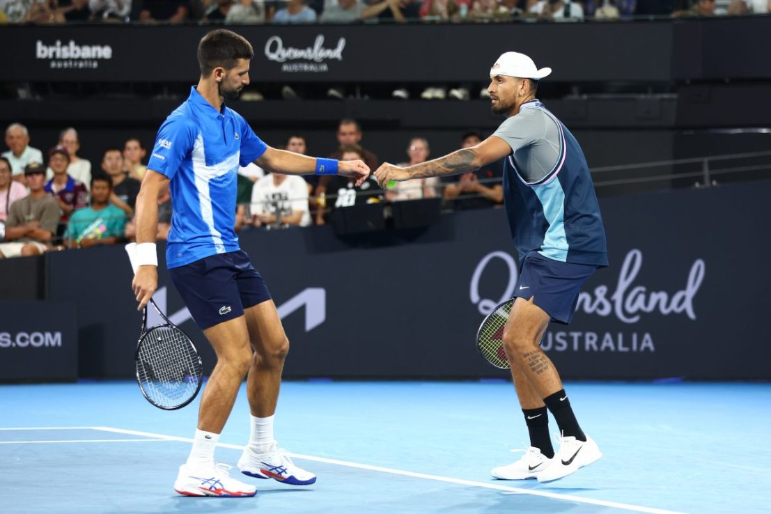 Novak Djokovic and Nick Kyrgios teamed up to beat Andreas Mies and Alexander Erler at the Brisbane International.