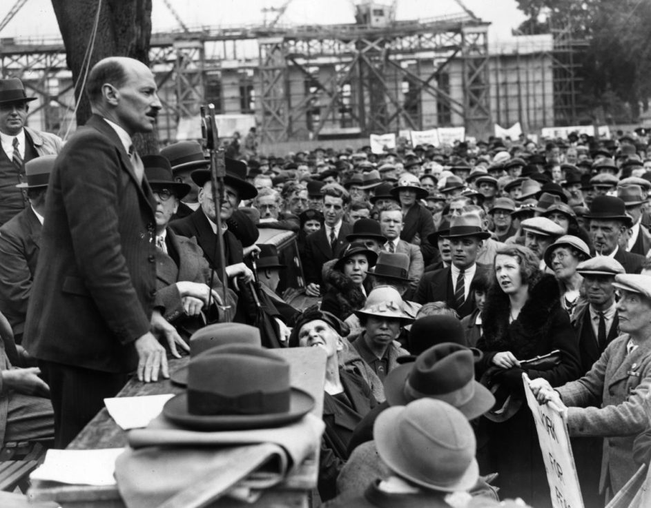 2nd August 1936:  British politician Clement Attlee speaking at the Cardiff and District United Peace Demonstration in Cathays Park, Cardiff.  (Photo by Richards/Fox Photos/Getty Images)