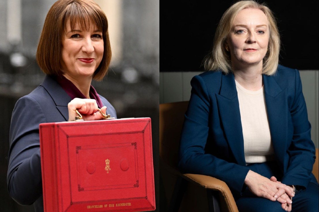 Chancellor of the Exchequer, Rachel Reeves (Photo by Leon Neal/Getty Images); portrait of former UK Prime Minister Liz Truss (Photo by Alex Ellinghausen / Australian Financial Review via Getty Images)